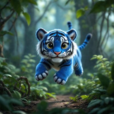 The primary subject of the image is a blue tiger cub, which is the main focus of the scene. The setting is a forest with trees and plants surrounding the tiger cub. The visual style of the image is digital art, as it appears to be a computer-generated illustration. The dominant colors in the image are blue and green, creating a calm and serene atmosphere.